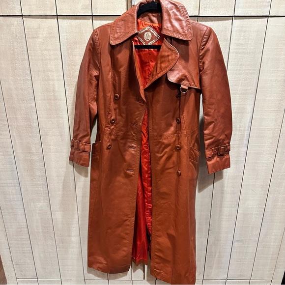 GENUINE LEATHER ARGENTINEAN RUST/BRICK COLOR LONG‎ TRENCH SIZE 2 - Picture 2 of 8